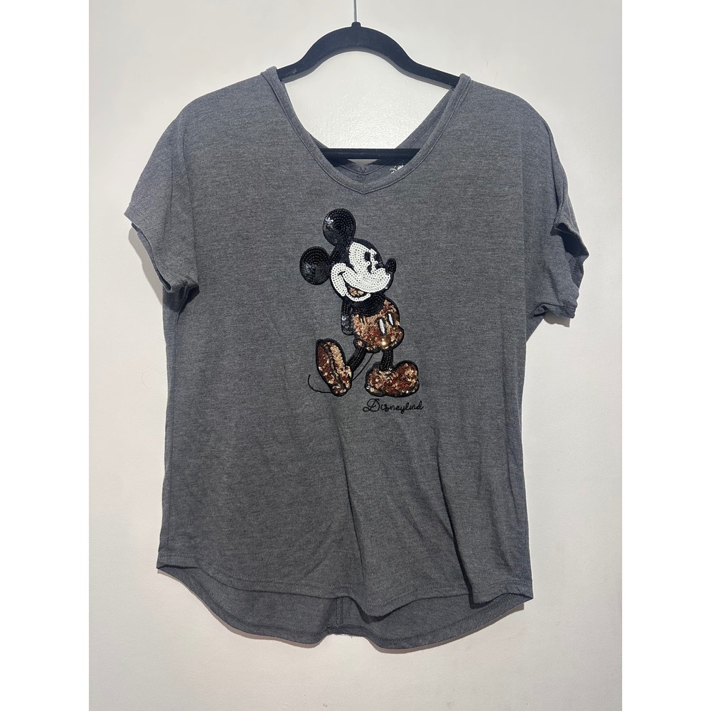 Disney Mickey Mouse Sequin Disneyland V Neck T Shirt Women's XS Gray